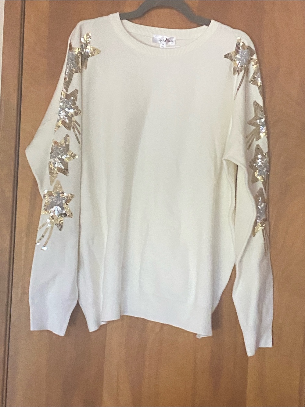 NWT Cream Sequin Star Sleeve Crew Neck Sweater